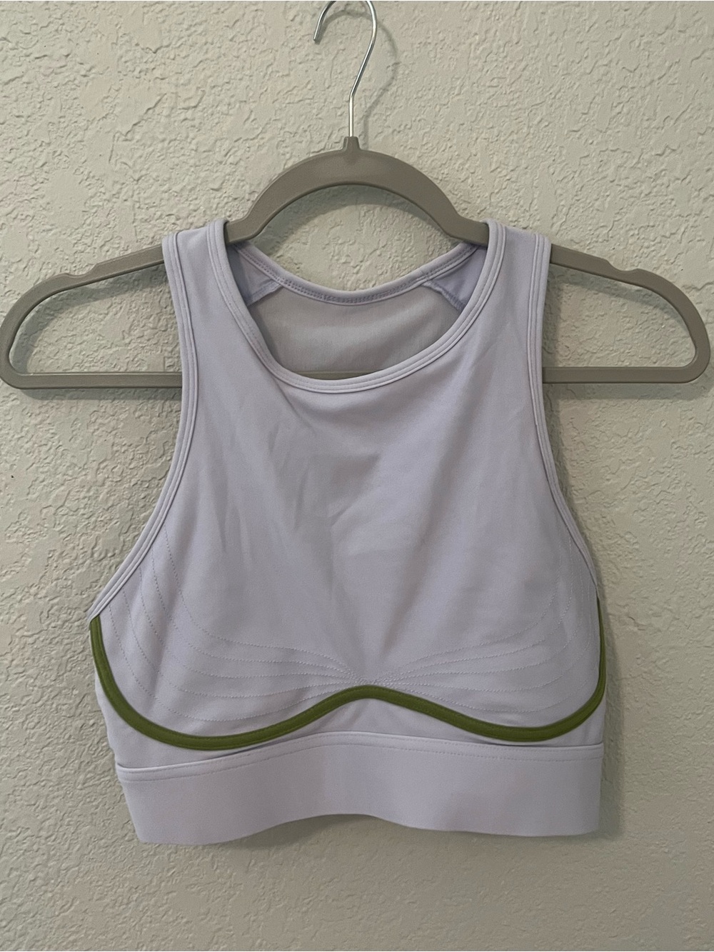 Fabletics High-Neck Sports Bra in Lavender with Green Trim